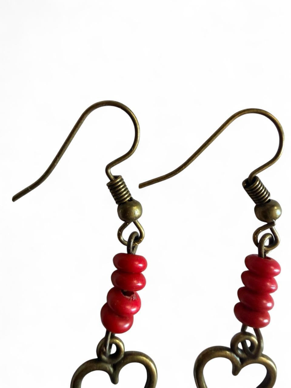 Handmade Red Heart Drop Earrings – Bronze & Coral Beads