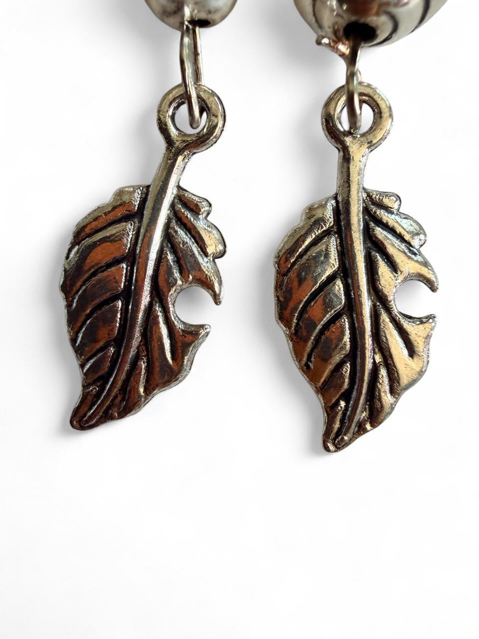 Harvest Acorn & Leaf Earrings | Metallic Silver Beaded Leaf Dangle Earrings | The Harvest Souls Collection