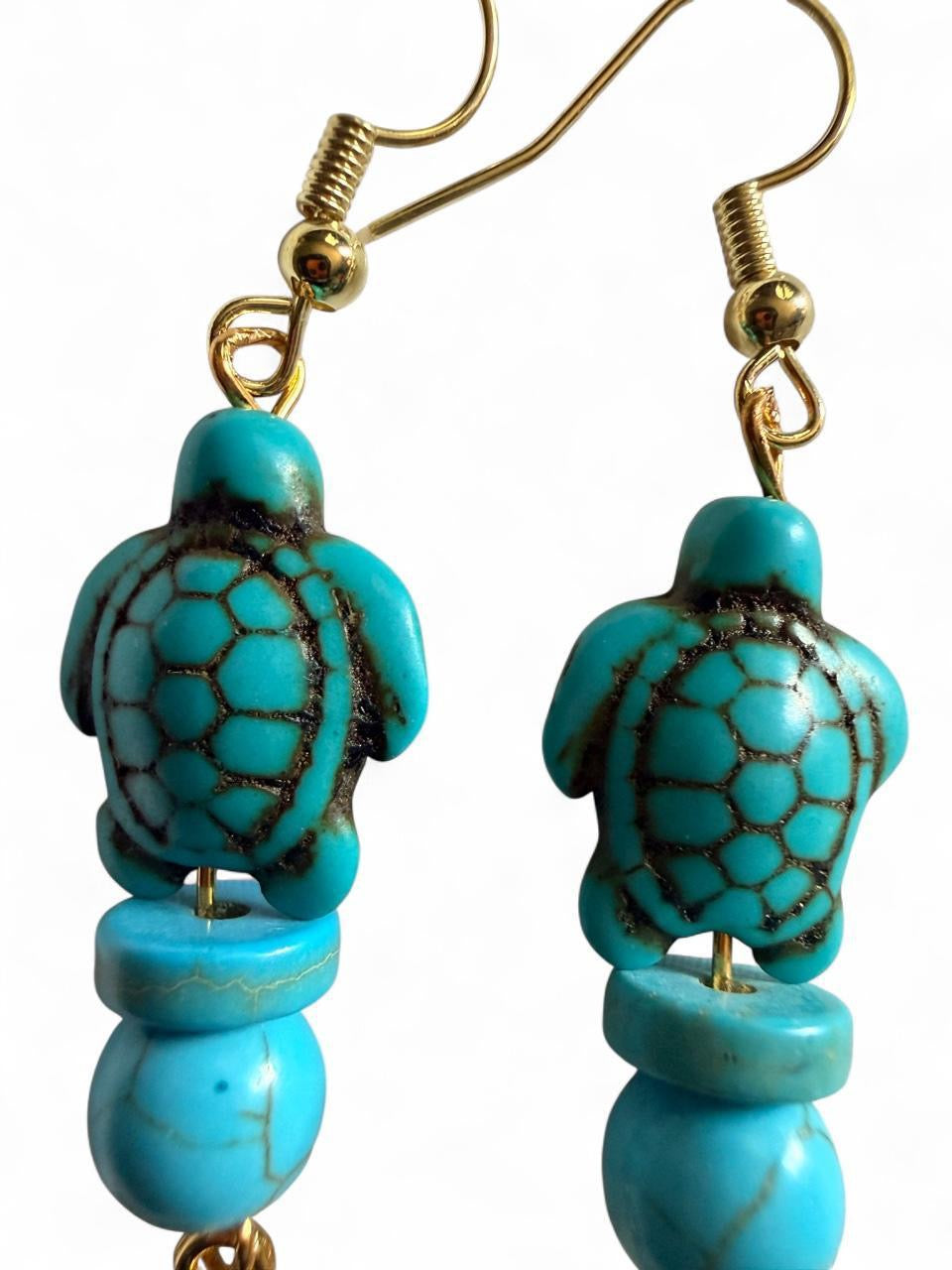 Handcrafted Turquoise Beaded Sea Turtle & Gold Turtle Dangle Earrings