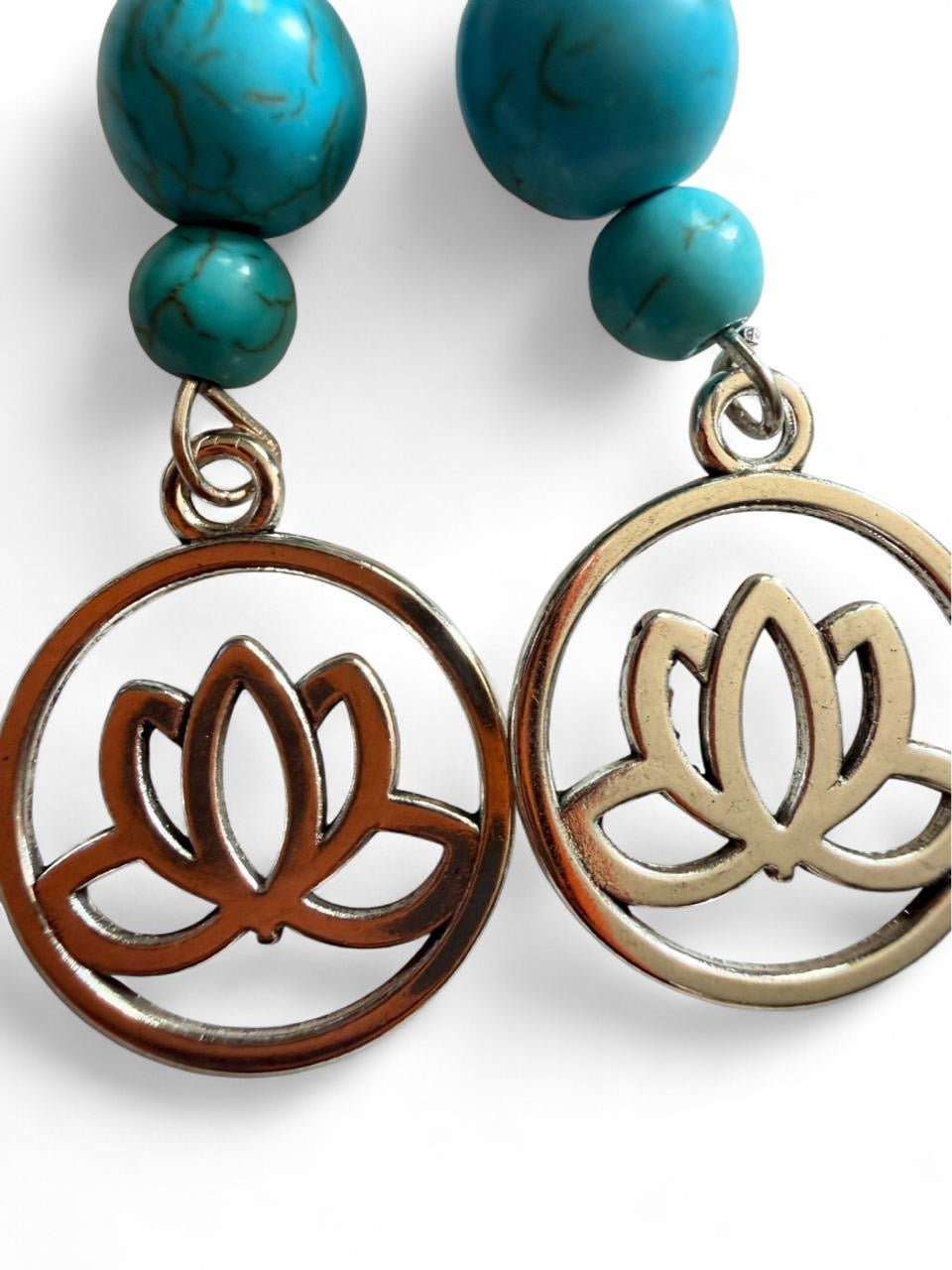 Handmade Turquoise Beaded Dangle Earring, Boho Style, Silver-Tone Lotus Charm, Nickel-Free Hooks