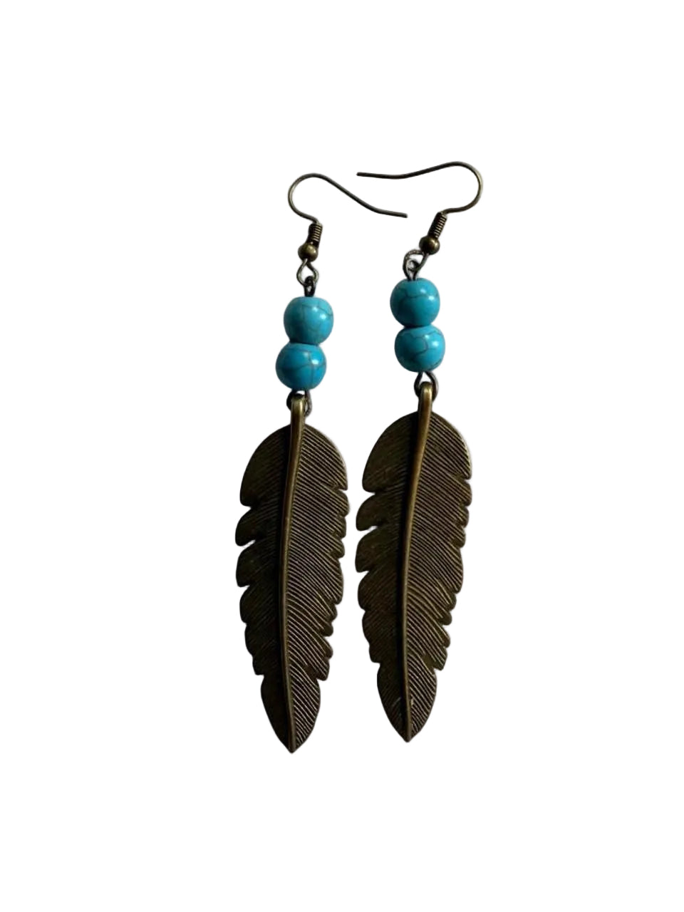 Handmade Turquoise Bead & Large Feather Dangle Earrings