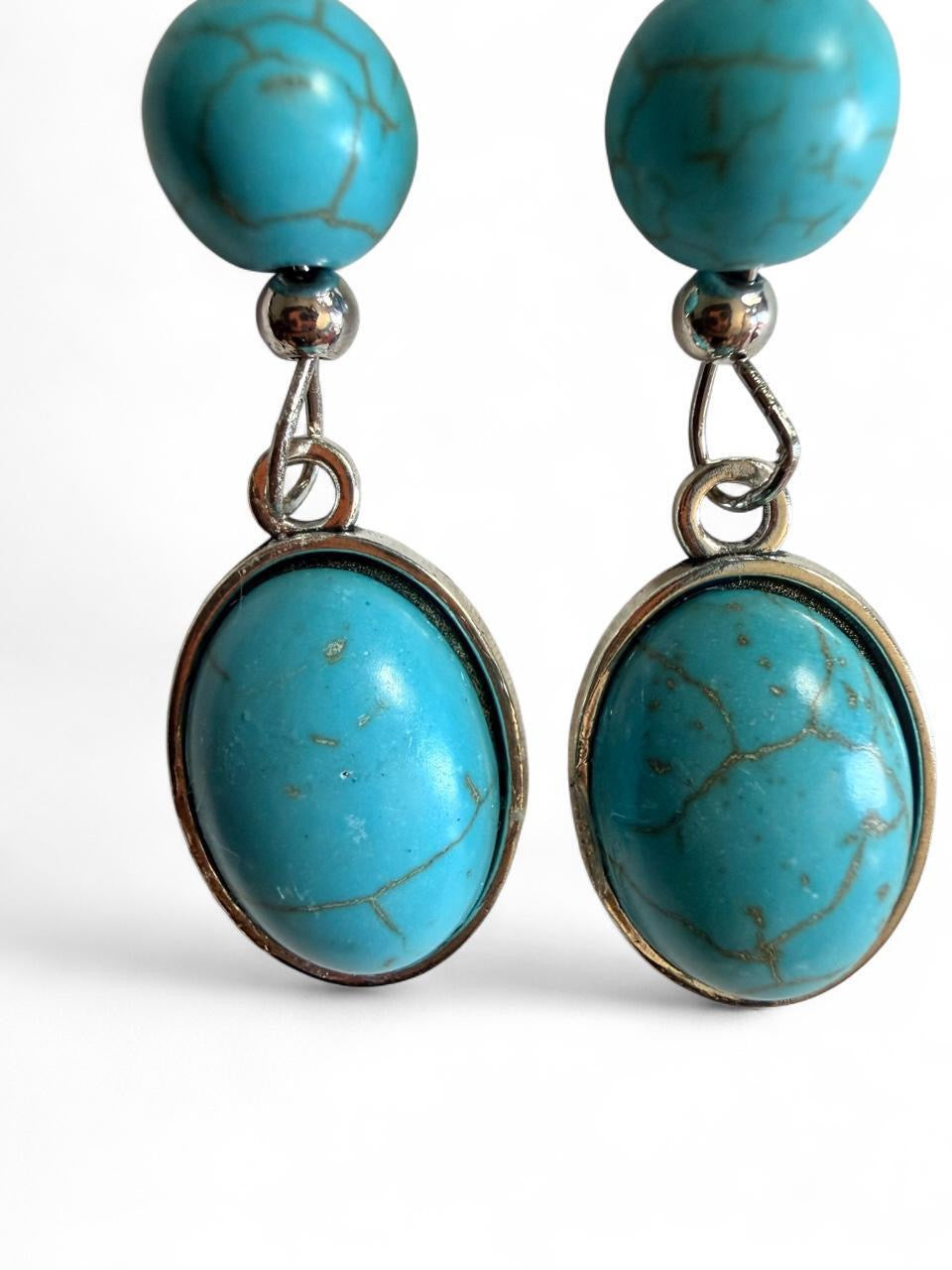Handmade Turquoise Cabochon Dangle Earrings | Boho Silver Jewelry