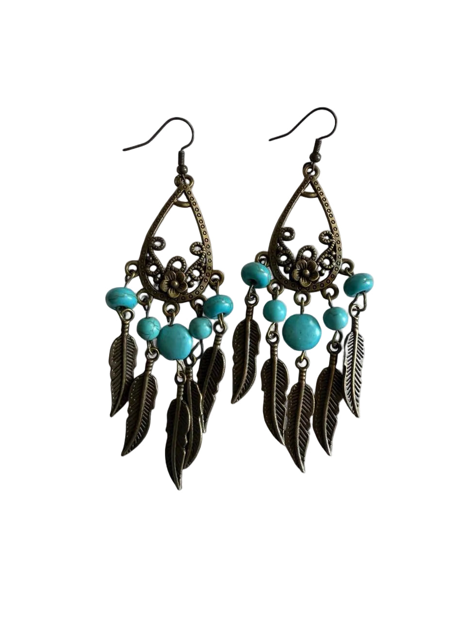 Dreamcatcher Feather Earrings - Turquoise & Antique Bronze - Handmade Boho Statement