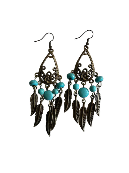 Dreamcatcher Feather Earrings - Turquoise & Antique Bronze - Handmade Boho Statement
