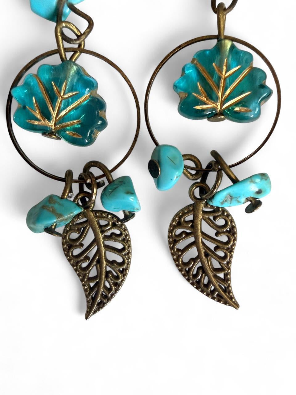 Harvest Souls – Turquoise Bloom & Bronze Leaf Earrings