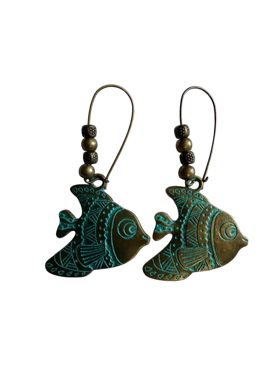 Handcrafted Verdigris Patina Tribal Fish Hoop Dangle Earrings