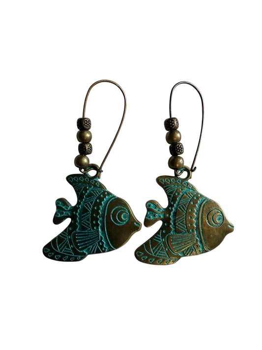 Handcrafted Verdigris Patina Tribal Fish Hoop Dangle Earrings