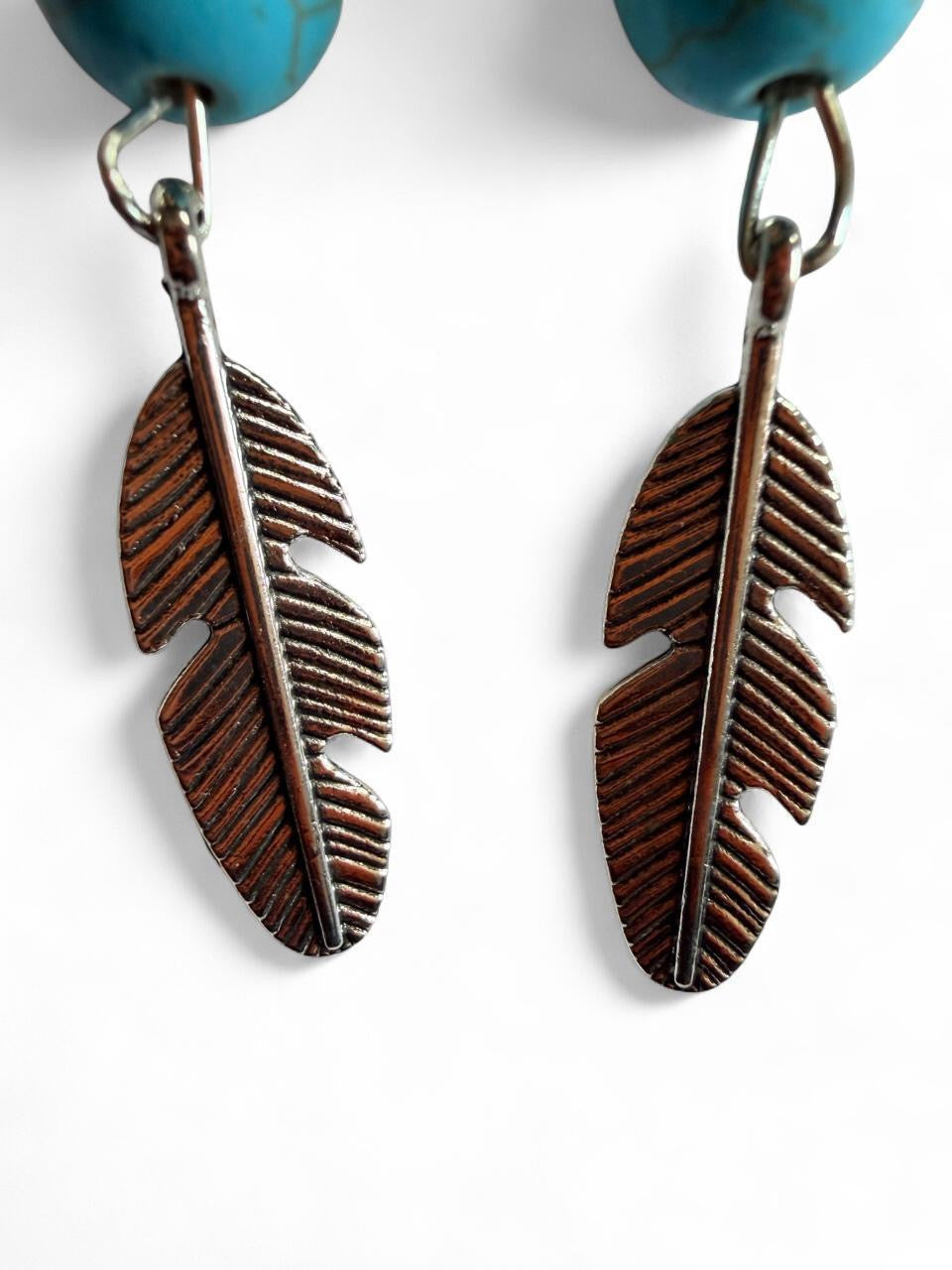 Handmade Turquoise & Silver Feather Dangle Earrings