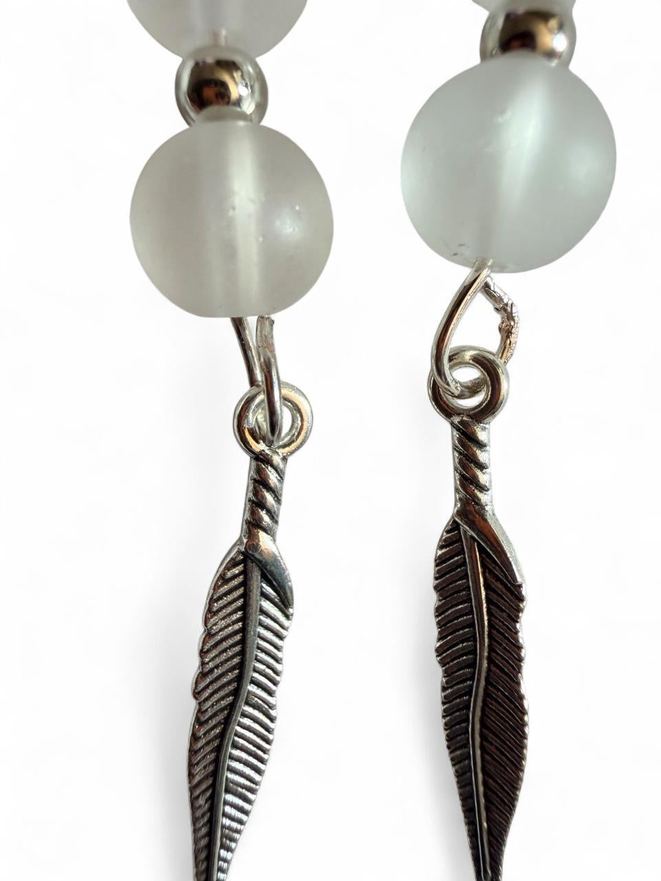 Handmade Frosted Feather Drop Earrings