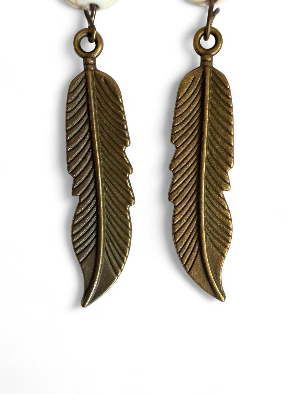 Harvest Souls – Howlite Vein & Bronze Feather Earrings