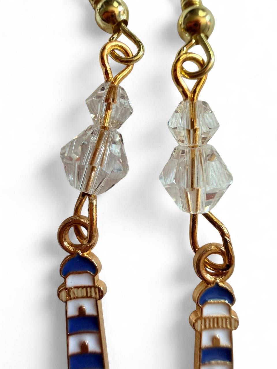 End of Summer Americana Lighthouse Earrings - Blue and White Nautical Dangle