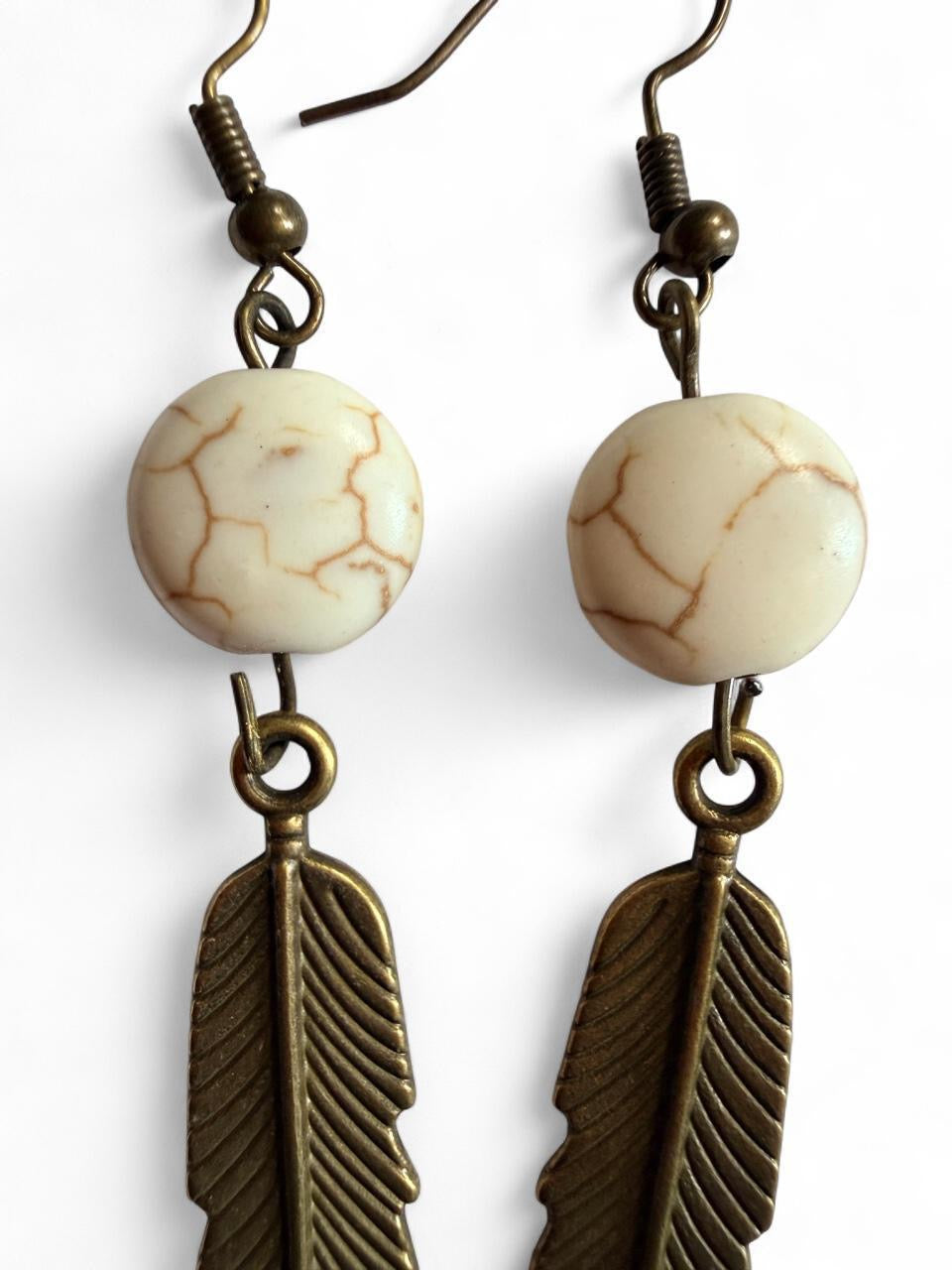 Handmade Boho Bronze Feather & White Howlite Stone Dangle Earrings