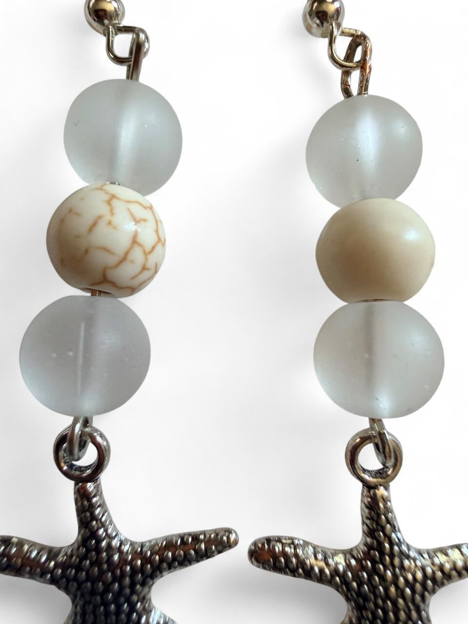 Handcrafted Frosted Sea Glass Style & Marbled Stone Starfish Dangle Earrings