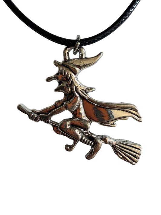 Boo-tiful Flying Witch Necklace | Silver Witch on Broom Pendant | Halloween Cord Necklace | Boo-tiful Souls Collection