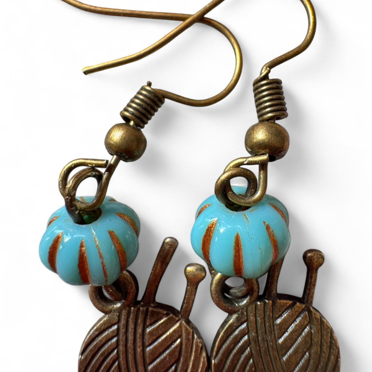Handmade Yarn Ball Knitting Earrings – Turquoise Bead & Antique Bronze Charm