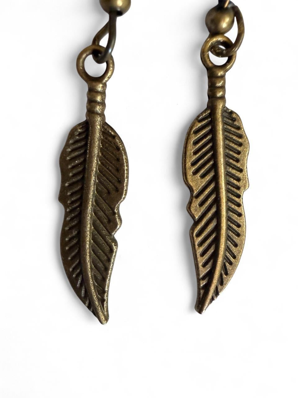 Harvest Souls – Heartstone & Bronze Feather Earrings
