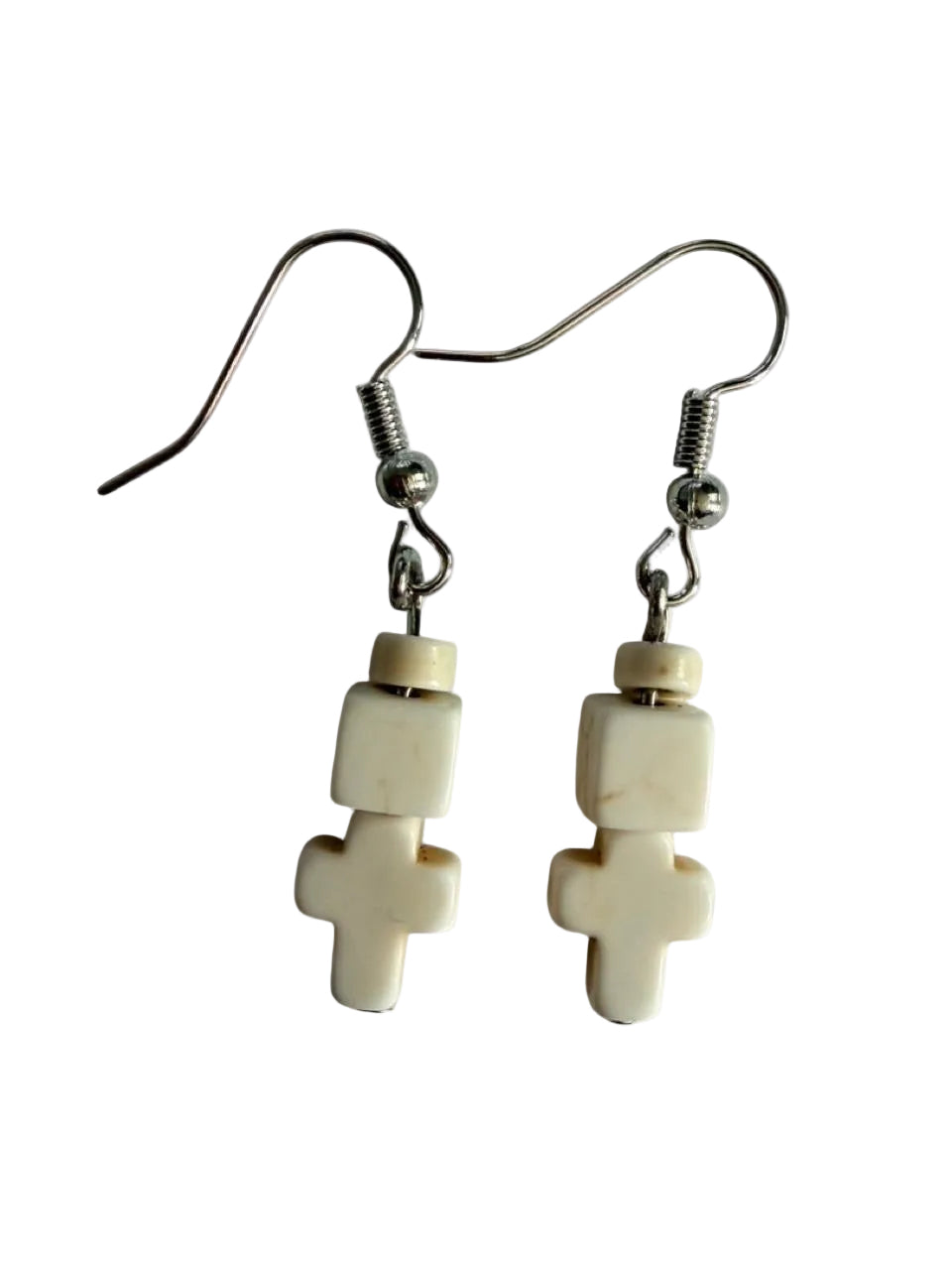 Handmade White Howlite Cross Dangle Earrings – Minimalist Stone Beaded Earrings