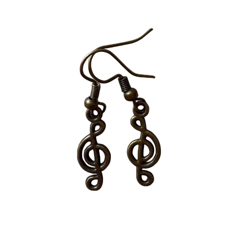 Handmade Antique Bronze Treble Clef Earrings – Music Note Dangle Earrings