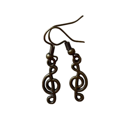 Handmade Antique Bronze Treble Clef Earrings – Music Note Dangle Earrings