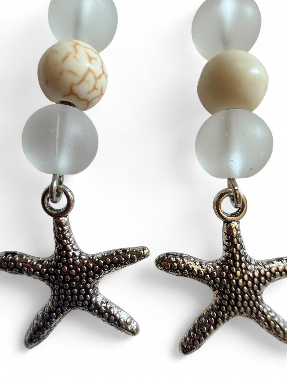 Handcrafted Frosted Sea Glass Style & Marbled Stone Starfish Dangle Earrings