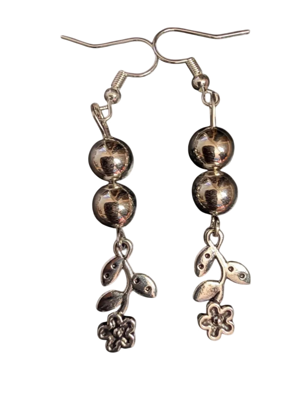 Handmade Silver Bead & Flower Drop Earrings | Bead Dangle with Botanical Charm