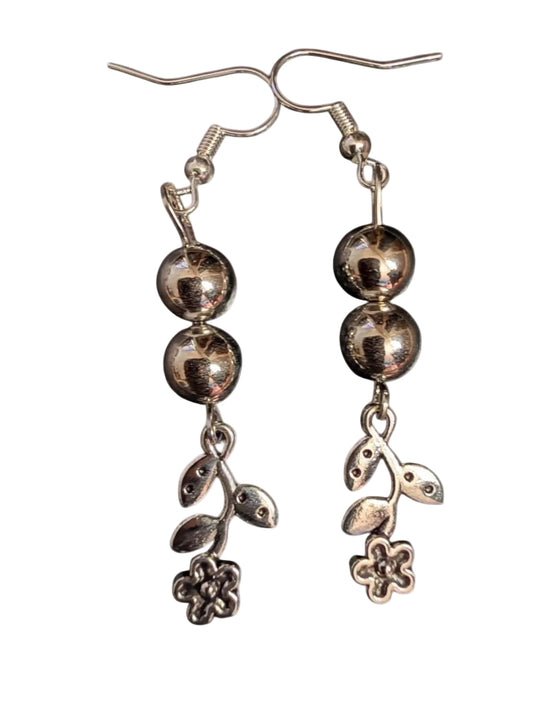 Handmade Silver Bead & Flower Drop Earrings | Bead Dangle with Botanical Charm