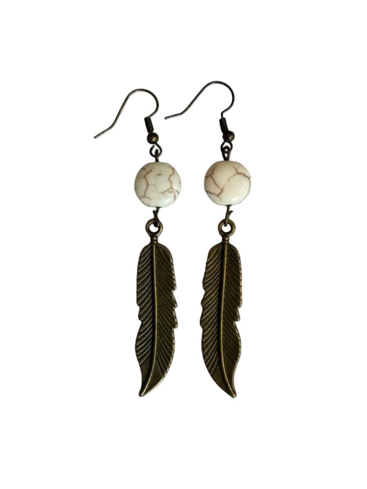 Harvest Souls – Howlite Vein & Bronze Feather Earrings