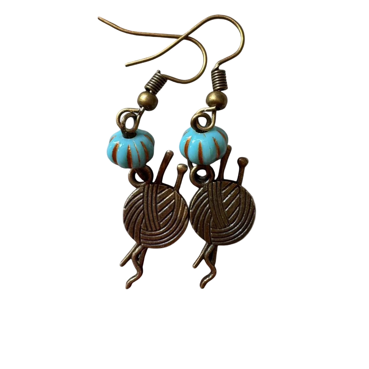 Handmade Yarn Ball Knitting Earrings – Turquoise Bead & Antique Bronze Charm