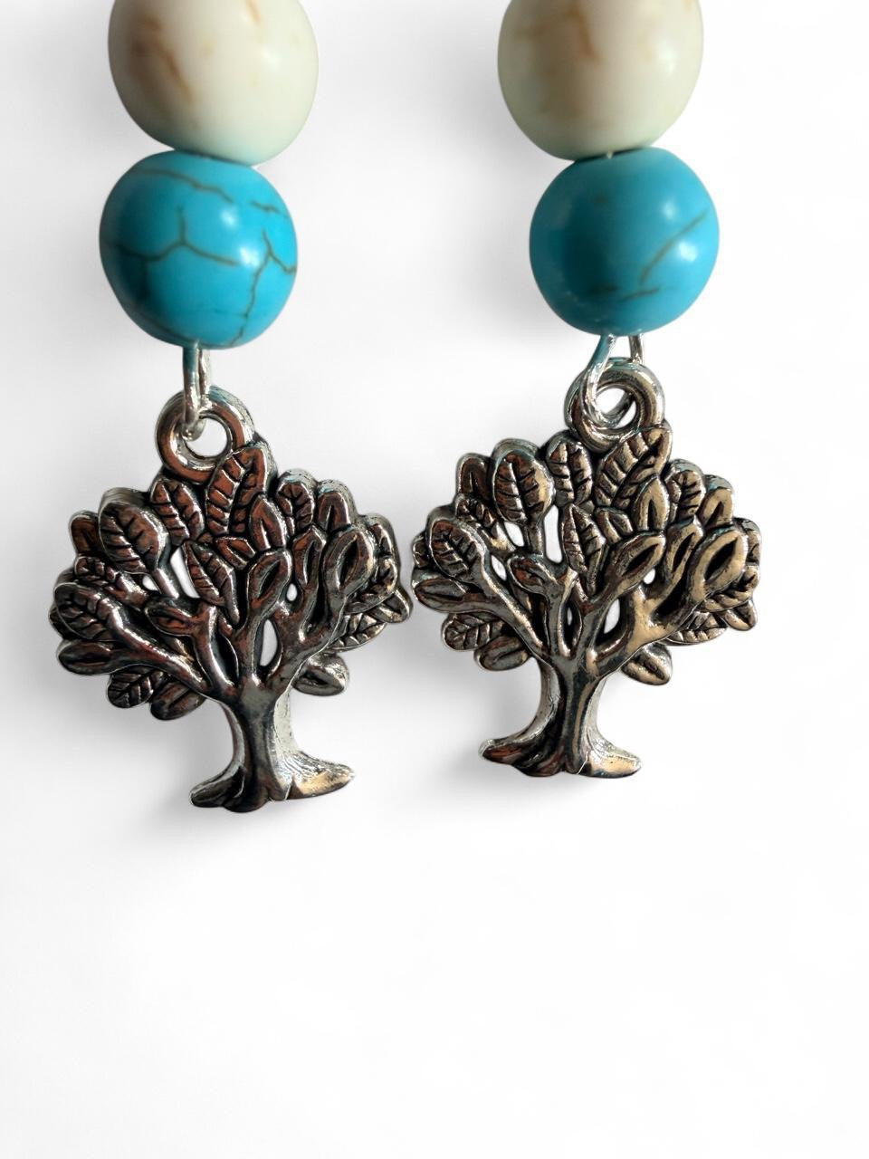 Tree of Life Dangle Earrings - White & Turquoise Bead