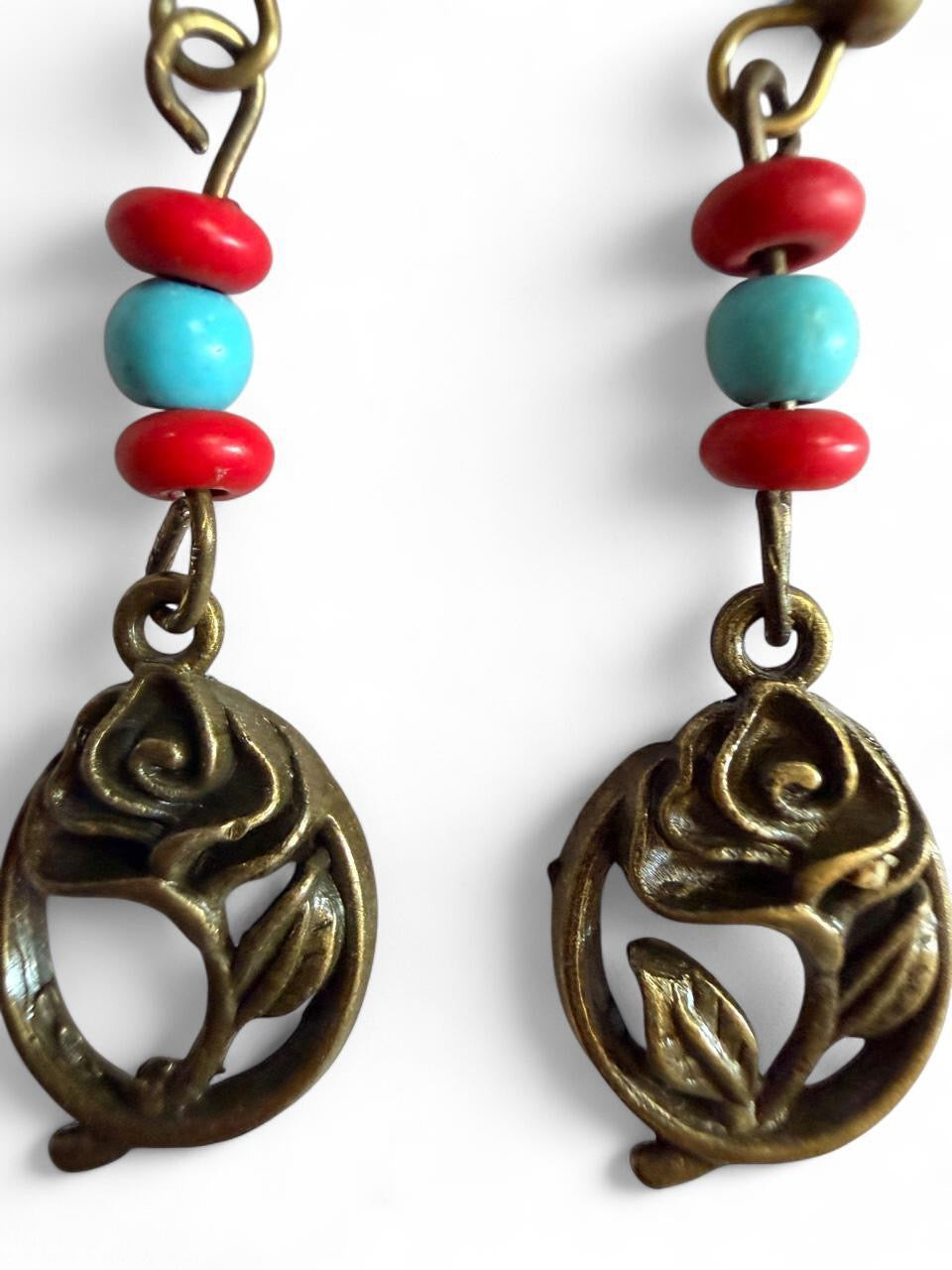 Handmade Bronze Rose Dangle Earrings | Turquoise Red Bead | Boho Southwest