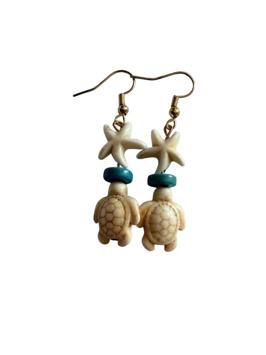 Handcrafted Cream Starfish & Sea Turtle Beaded Dangle Earrings