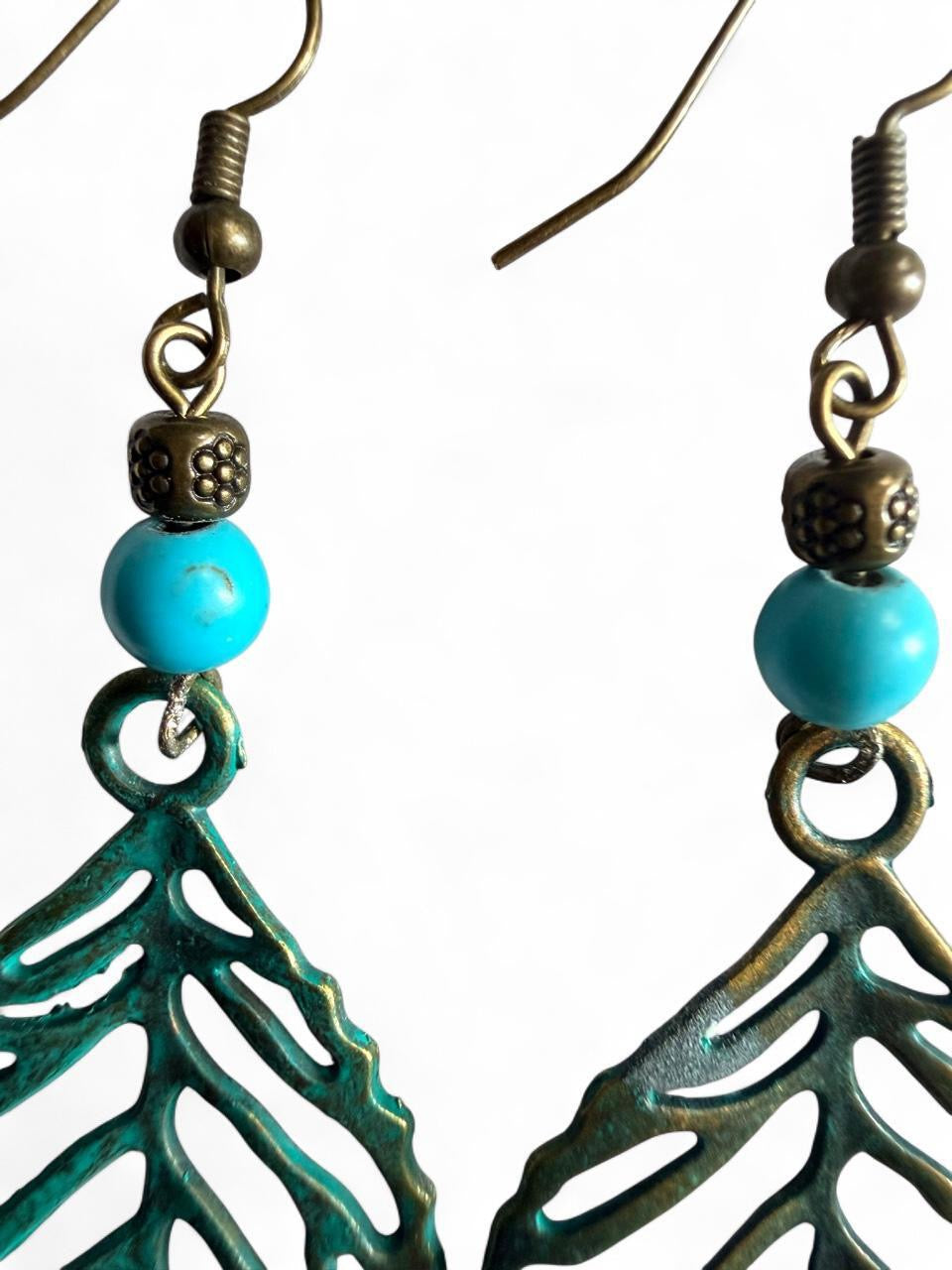 Handmade Verdigris Patina Bronze Leaf Dangle Earrings with Turquoise Accents