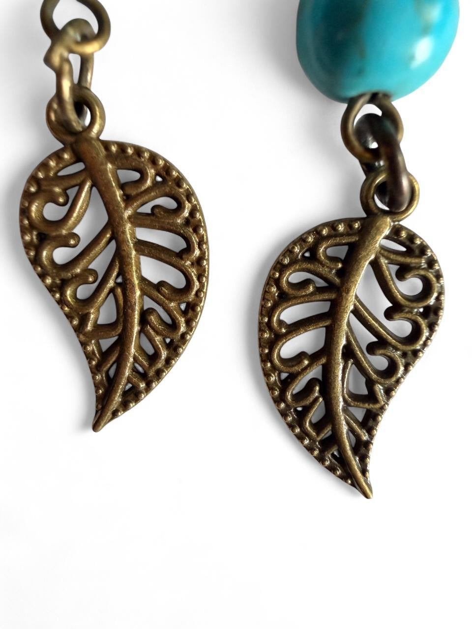 Earthy Turquoise Teardrop Leaf Dangle Earrings – Boho Western Style