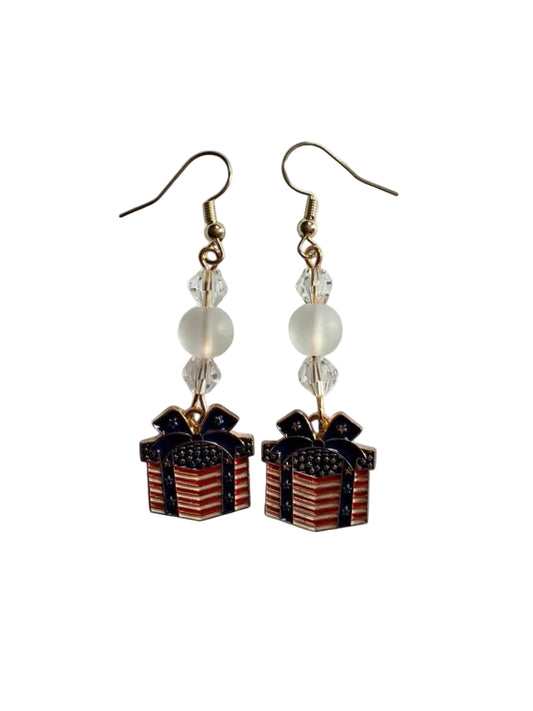 Handmade Patriotic American Flag Present Dangle Earrings | Holiday Gift Box Stacked Crystal Drops