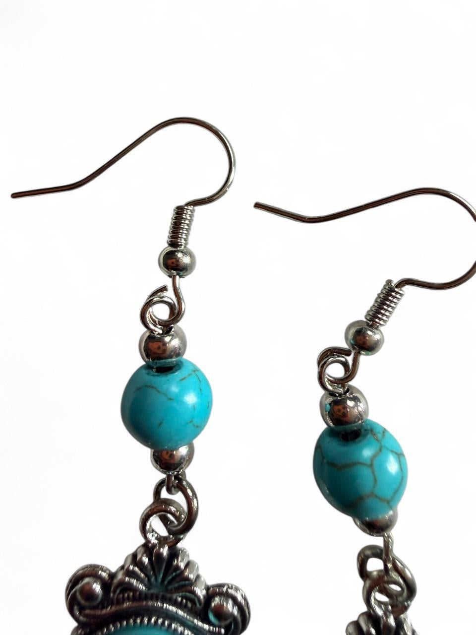 Boho Turquoise Dangle Earrings | Ornate Silver Frame Western Style