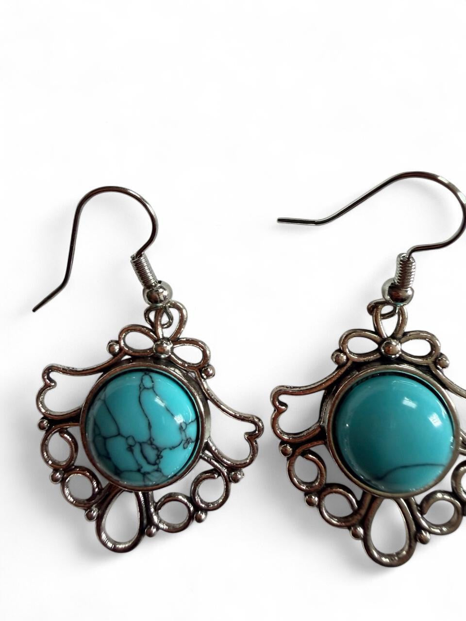 Boho Turquoise Filigree Statement Earrings | Handmade Silver-Tone Dangles
