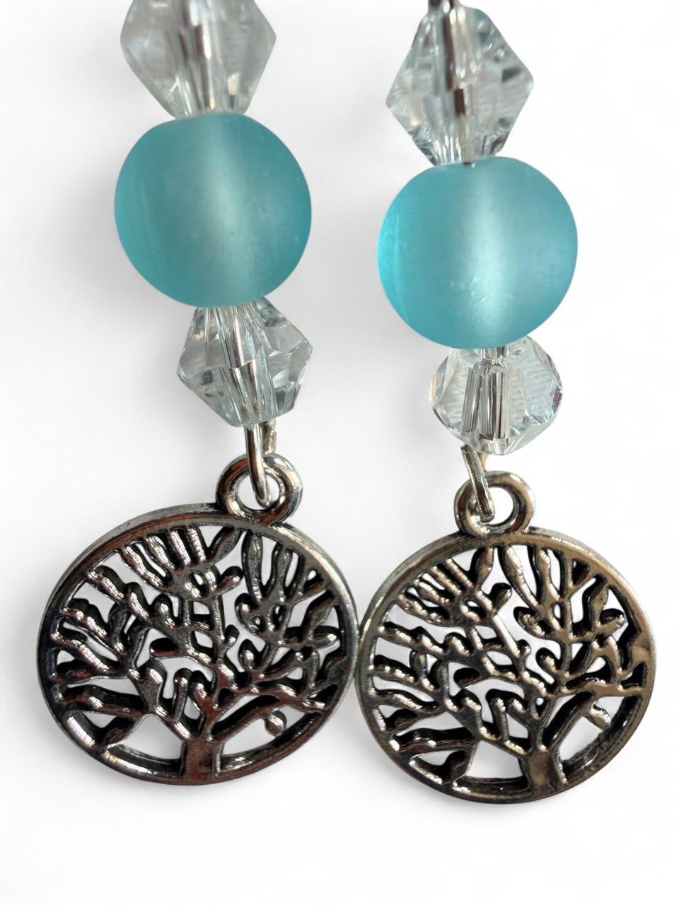 Tree of Life Dangle Earrings - Blue Frosted Bead
