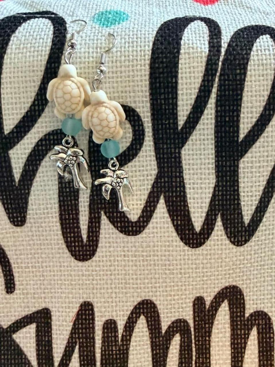 Handcrafted Coastal Sea Turtle & Palm Tree Dangle Earrings