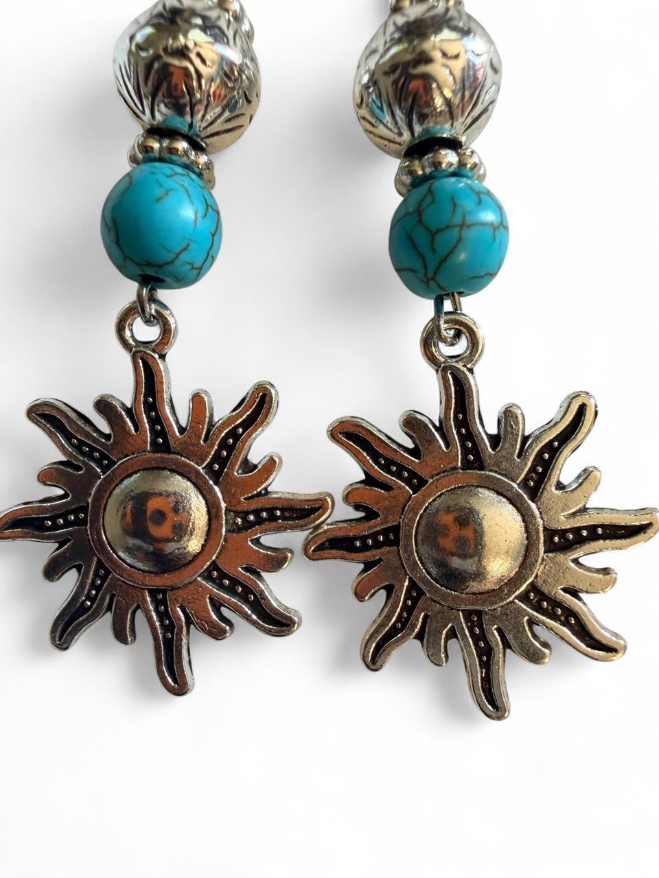 Handcrafted Antique Silver & Turquoise Beaded Celestial Sun Dangle Earrings