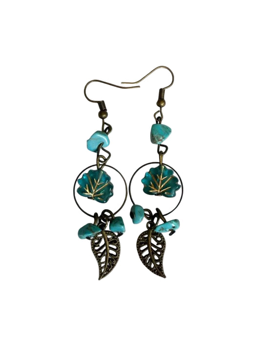 Harvest Souls – Turquoise Bloom & Bronze Leaf Earrings