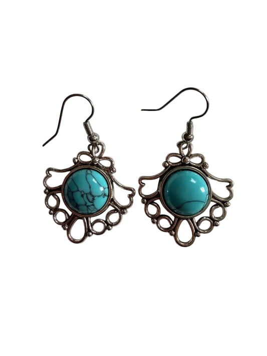 Boho Turquoise Filigree Statement Earrings | Handmade Silver-Tone Dangles