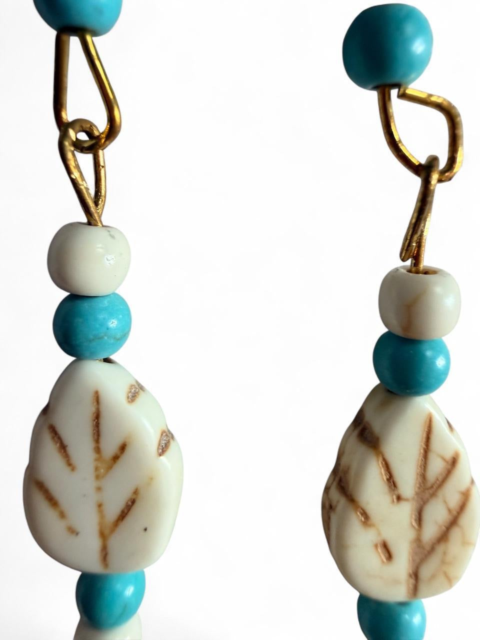 Handmade Turquoise & White Leaf Beaded Dangle Earrings