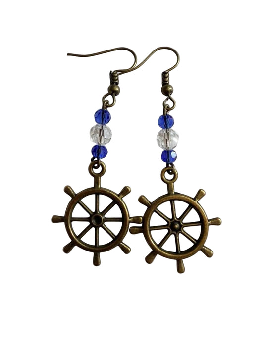 End of Summer Americana Bronze Ship Wheel Earrings - Royal Blue Nautical Dangle