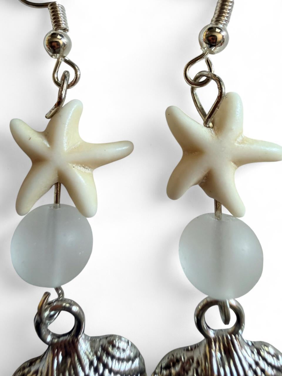 Handcrafted White Starfish & Seashell Dangle Earrings