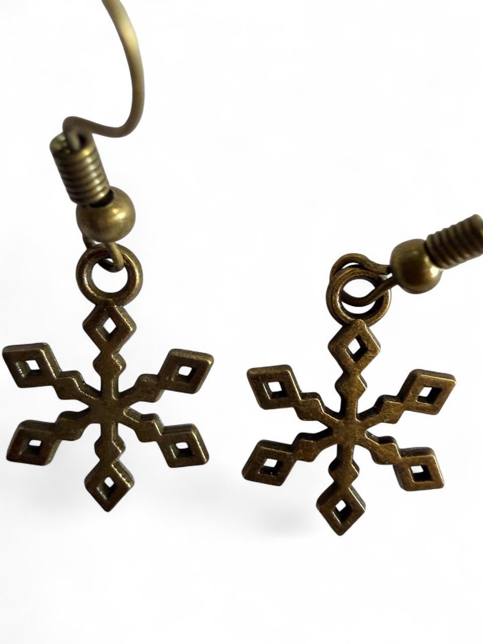 Handmade Bronze Snowflake Earrings – Winter Snow Dangles