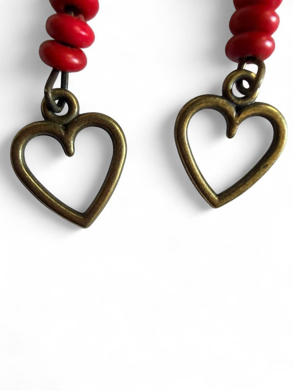 Handmade Red Heart Drop Earrings – Bronze & Coral Beads