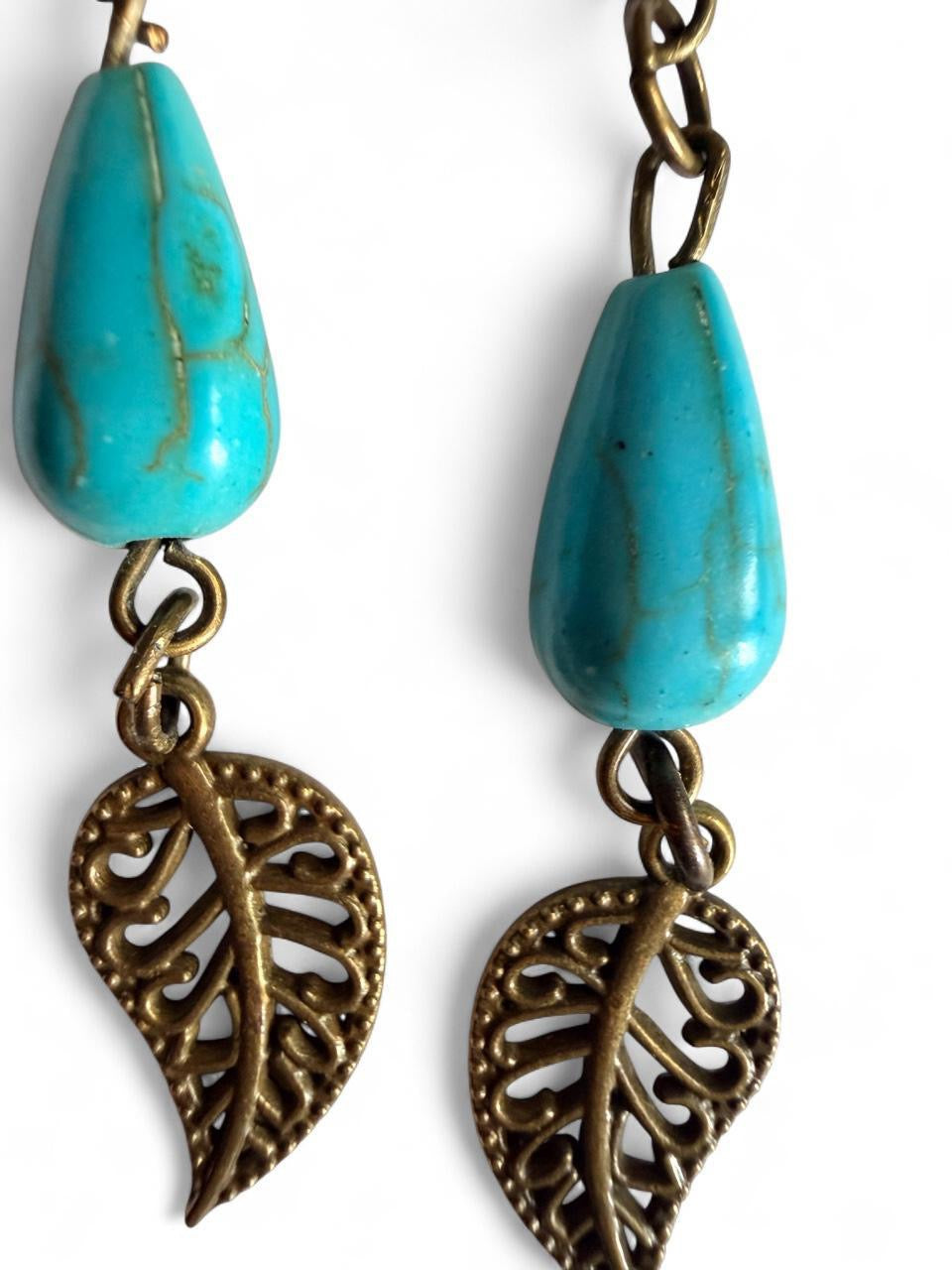 Earthy Turquoise Teardrop Leaf Dangle Earrings – Boho Western Style