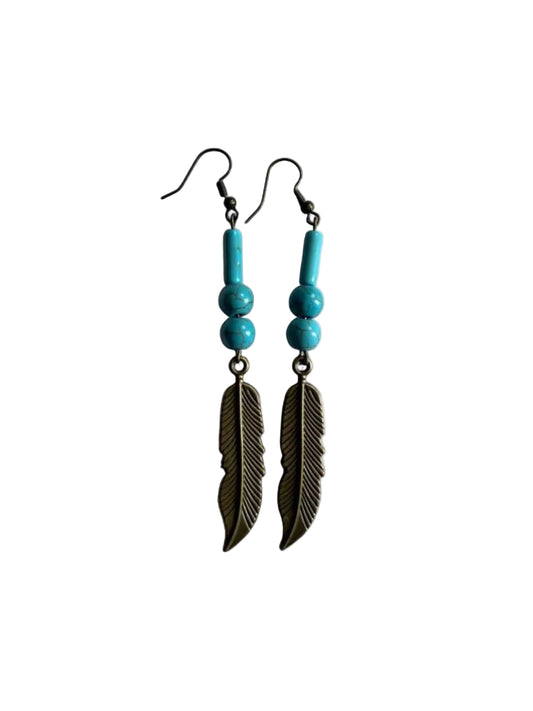 Handmade Turquoise & Brass Feather Dangle Earrings