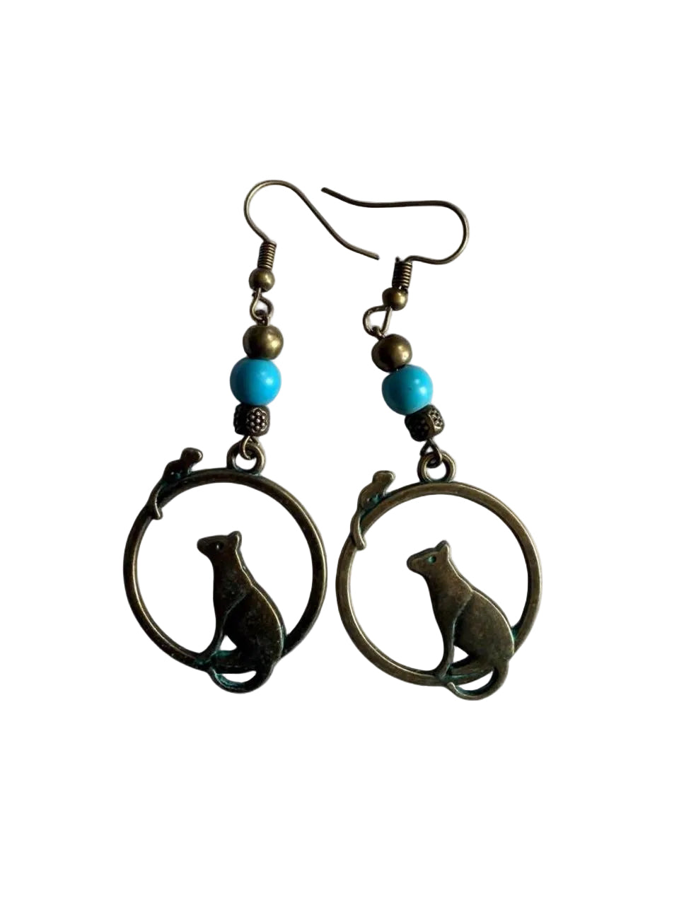 Handmade Bronze Patina Cat Hoop Earrings with Turquoise