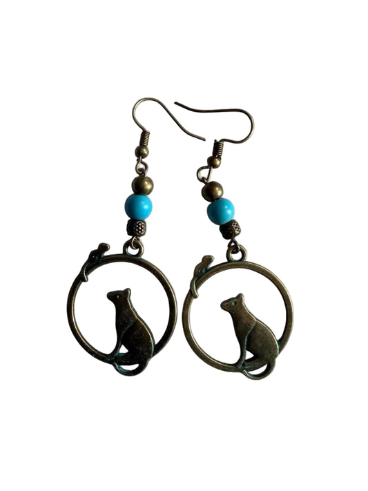 Handmade Bronze Patina Cat Hoop Earrings with Turquoise